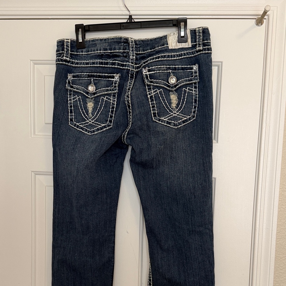 Dark Wash Distressed Women’s Jeans - Navy Blue - Picture 8 of 14